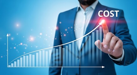Cost Analysis and Financial Growth: Businessman Interacts with an Upward Trend Graph and the Word 'COST'