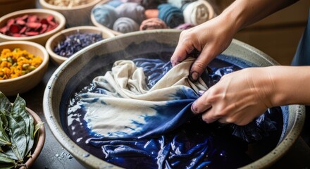 Fototapeta premium Hands dyeing fabric with natural indigo in a traditional craft workshop.