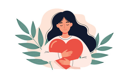 Peaceful young woman with long dark hair eyes closed hugging a large red heart amidst green bamboo leaves.