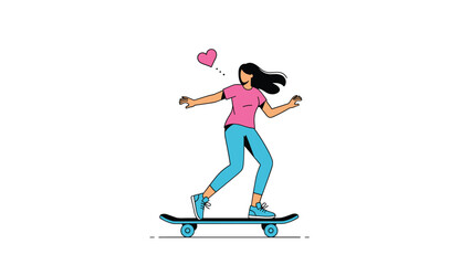 Fototapeta premium Stylized illustration of a young girl with long dark hair riding a skateboard with a pink heart floating above her head.