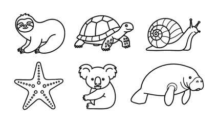 Fototapeta premium Cute Animal Collection: A delightful collection of charming animal illustrations, including a sloth, turtle, snail, starfish, koala, and manatee, presented in a simple, clean line art style.