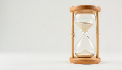 Close-up shot of an antique wooden hourglass with sand flowing through on a light gray background
