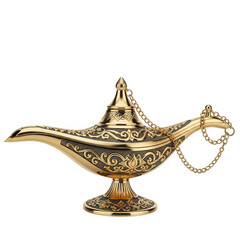 Golden genie lamp, ornate design, isolated on transparent background