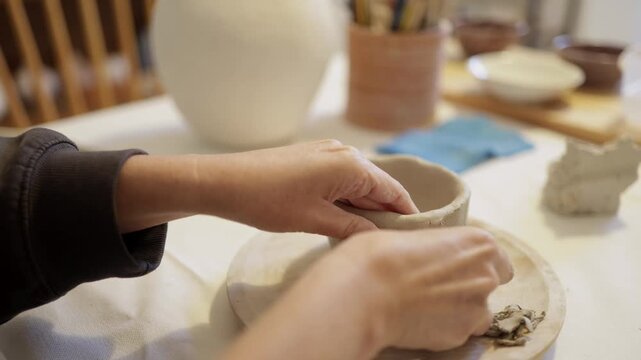 Ceramist woman taking smartphone image of her handmade pottery artwork, documenting craft production process for online promotion or social media post in studio