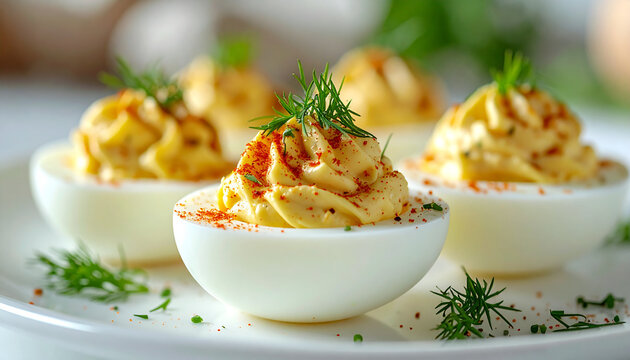 Deviled eggs with creamy filling, fresh dill and paprika on white plate. Tasty food. Delicious snack.