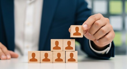 Man in suit selects one person from a hierarchy of employee blocks, representing human resources and team building.