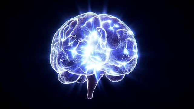 Slow orbiting camera, glowing 3D brain made of light particles floating in a dark space, neural connections pulsing in sync