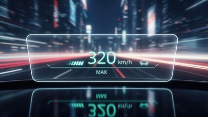 Futuristic car speedometer display showing 320 kmh on a blurred city road at night with neon lights