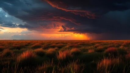 Dramatic sunset over a grassy plain, dark storm clouds illuminated with vibrant orange and red hues