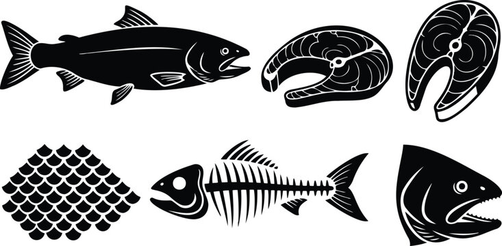 Flat design seafood icon set showing whole salmon fish steak fillet fish scales fish skeleton fish head arranged in row bold black silhouettes minimalist vector art