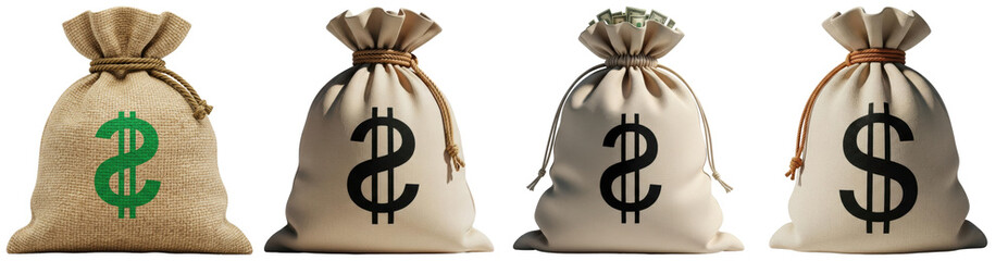 a vibrant photograph showcasing traditional money bags with prominent dollar signs, symbolizing...
