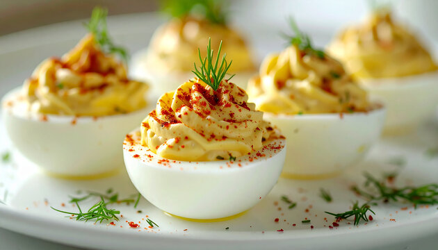 Deviled eggs with creamy filling, fresh dill and paprika on white plate. Tasty food. Delicious snack.