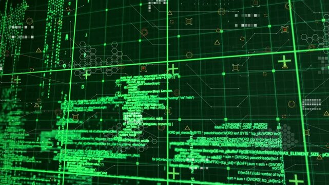 Animation of grid pattern and plus signs over computer language, hexagon, bars on green background