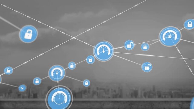 Animation of connected speedometer and padlock icons over modern cityscape and cloudy sky