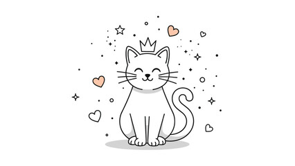 Sweet white cat wearing a small gold crown surrounded by tiny hearts, stars, and magical sparkles on a white background.