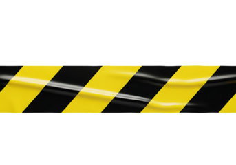 Wrinkled yellow and black hazard tape strips for restricted areas, isolated on transparent background, png
