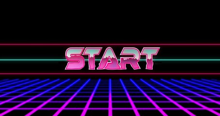 Animation of start text over neon lines and pattern - Powered by Adobe