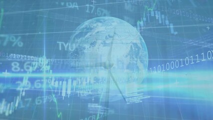 Animation of financial data processing over wind turbine and globe - Powered by Adobe