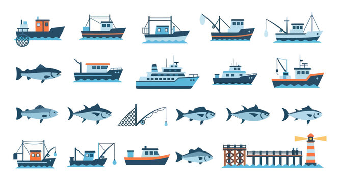 A colorful collection of flat vector illustrations for the fishing industry including boats fish and a pier.