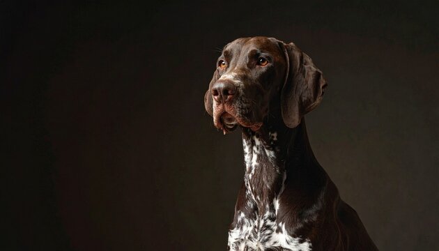 Dog, pet, animal, German Shorthaired Pointer, curious, attentive, playful, studio, portrait, black background, head tilt, expressive, canine, domestic, friendly, alert, sitting, charming, focused, ind