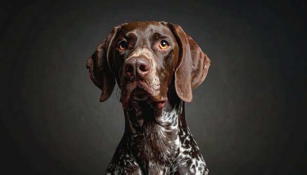 Dog, pet, animal, German Shorthaired Pointer, curious, attentive, playful, studio, portrait, black background, head tilt, expressive, canine, domestic, friendly, alert, sitting, charming, focused, ind
