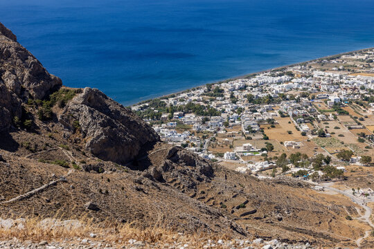 View from Ancient Thera towards the village of Perissa on the island of Santorini. Greece