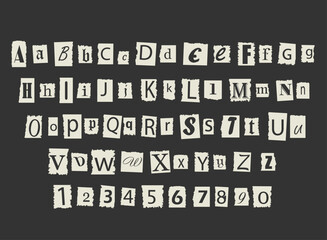 Black white magazine cutout alphabet font vector set