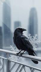 Obraz premium Raven on Snowy Railing in Urban Setting. Concept featuring raven, bird, snow, urban, city.