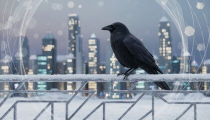 Obraz premium Raven on Snowy Railing with City Background. Concept featuring raven, snow, winter, city skyline, urban.