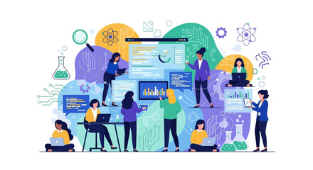 Illustration of diverse team of women and girls in science collaborating with various equipment and technology on International Day of Women and Girls in Science.