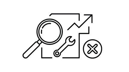 Black line of magnifying glass wrench and x graph