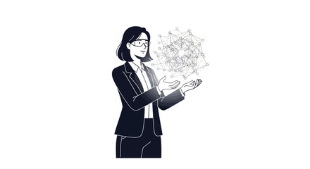 Illustration of a woman in a business suit presenting scientific concepts on International Day of Women and Girls in Science with a microscope and telescope nearby. © Jangkrik