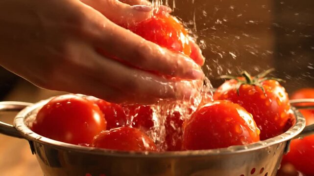 Fresh tomatoes being washed under running water in a metal colander by a person's hand in a kitchen setting with a close-up viewpoint