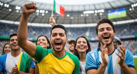 Cheerful group of diverse football fans wearing national team jerseys cheering and screaming with joy in stadium during international match holding flags and celebrating victory with raised arms up
