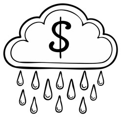 Cloud raining money illustration, business and finance concept in black and white.