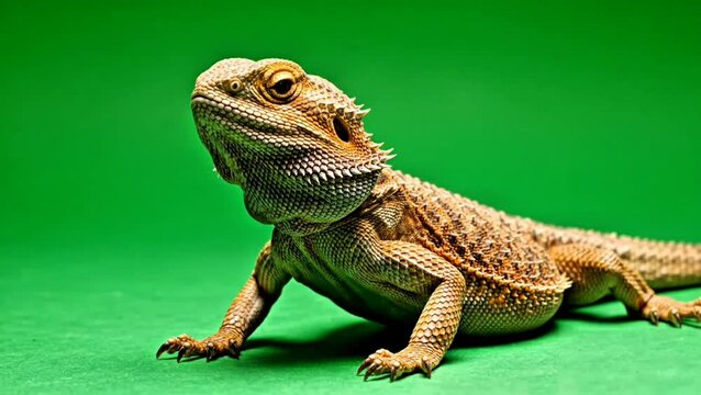 Close-up of a common bearded dragon lizard on a vibrant green background, showcasing its scaly texture and unique appearance