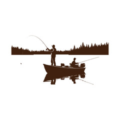 Fishing on a boat in the lake with forest background