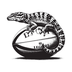 Lizard sitting on rugby ball with legori text