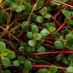 purslane (Portulaca oleracea) growing in nature, thick green leaves and reddish stems, natural daylight, macro photography