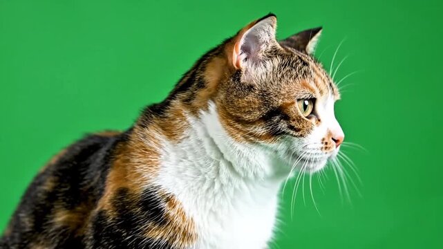 Captivating calico cat in profile against a vibrant green screen, showcasing its unique tri-color fur and curious gaze for easy graphic integration and pet-themed projects