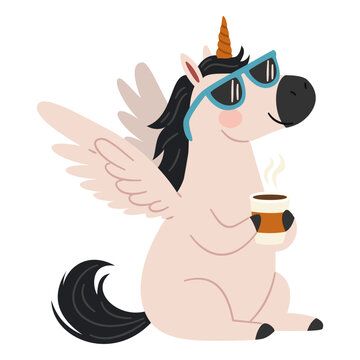 A cute pegasus unicorn sits drinking coffee wearing sunglasses. Flat vector illustration in a simple children's style. . Vector illustration