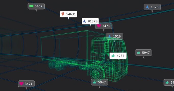 Green wireframe truck spawning bubbles then peaking then drifting to icons showing metric rise