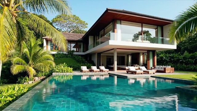 Modern luxury villa with infinity pool surrounded by lush tropical foliage