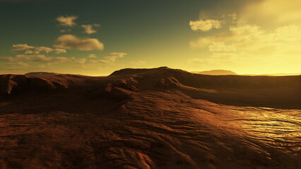 Fototapeta premium The sun sets over a rugged terrain, casting warm golden light across the uneven landscape. Shadows deepen and colors blend, showcasing the beauty of natures raw formations.