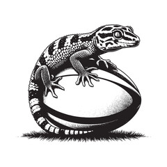 Lizard sitting on top of a rugby ball