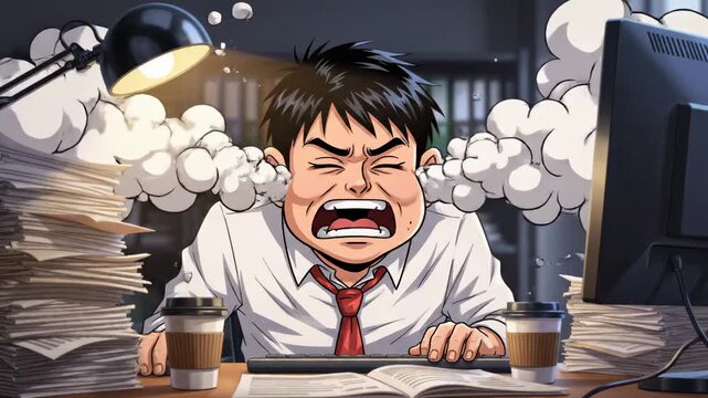 Overwhelmed Office Worker - A Cartoon Illustration of Stress and Burnout.