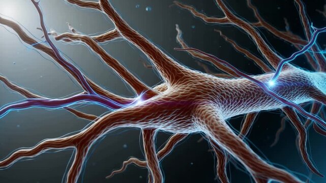 A dynamic illustration of an electrical impulse traveling along a single neuron's axon within a vast biological network.