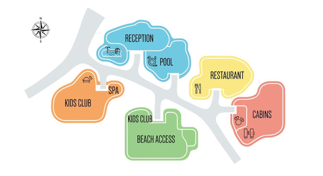 Resort map vector layout with pool cabins and beach access