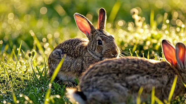 Two wild brown rabbits sit alert in a lush green meadow filled with sparkling morning dew drops at golden hour sunset, ideal for nature documentaries, wildlife conservation ads, and Earth Day videos.