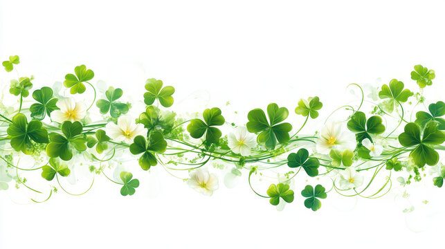 Green clover shamrock leaf foliage white flower floral border vine swirl spring nature clover leaf four leaf ornament decorative pattern frame background botanical garden fresh lush natural